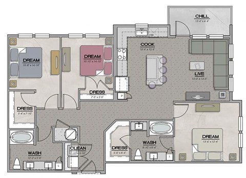 3 Bedroom 2 Bath Floor Plan at The Jamestown Apartment Flats, Richmond